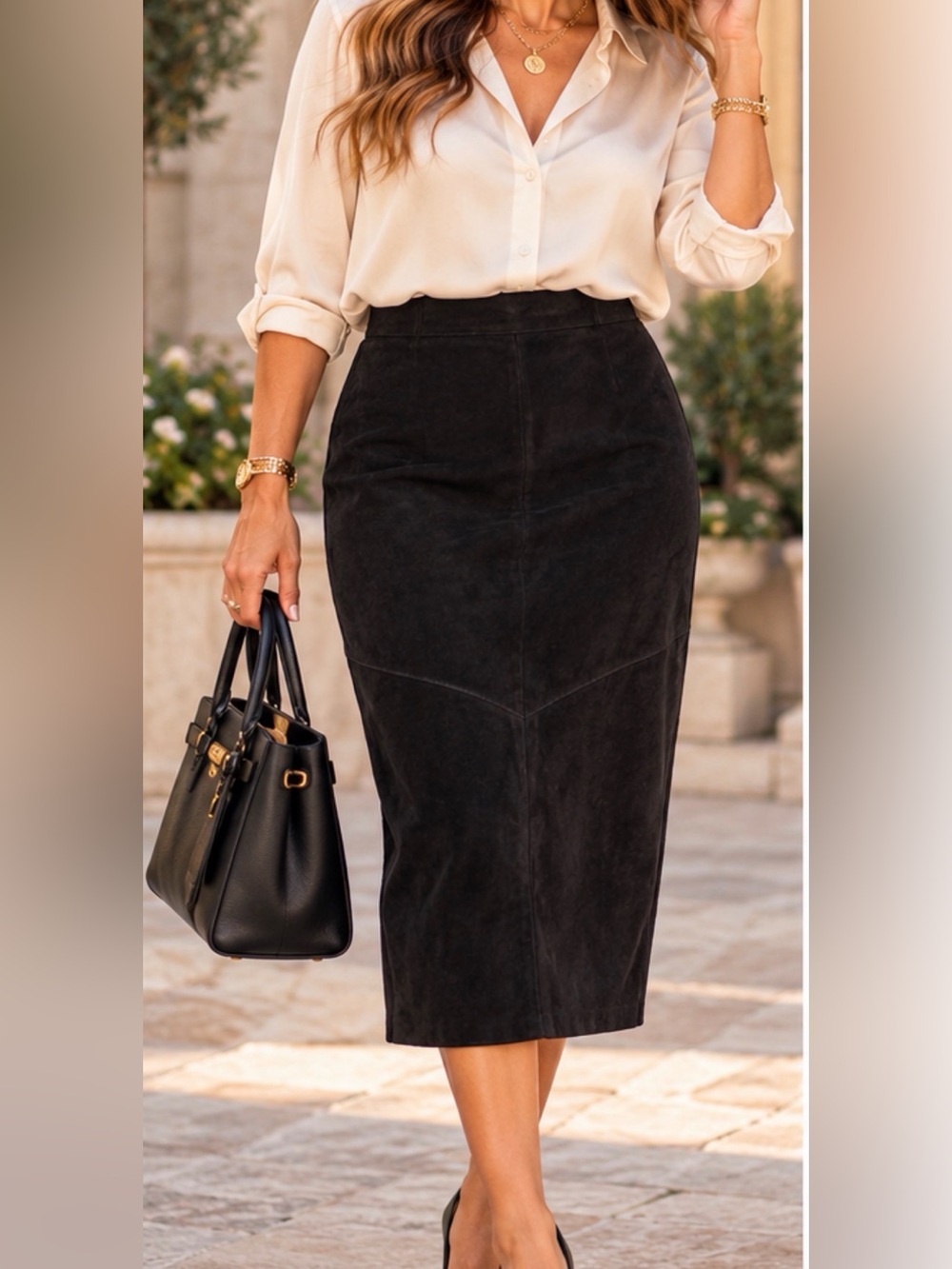 Vintage Evan Davies Black 100% Suede Leather Midi Pencil Skirt Size 12